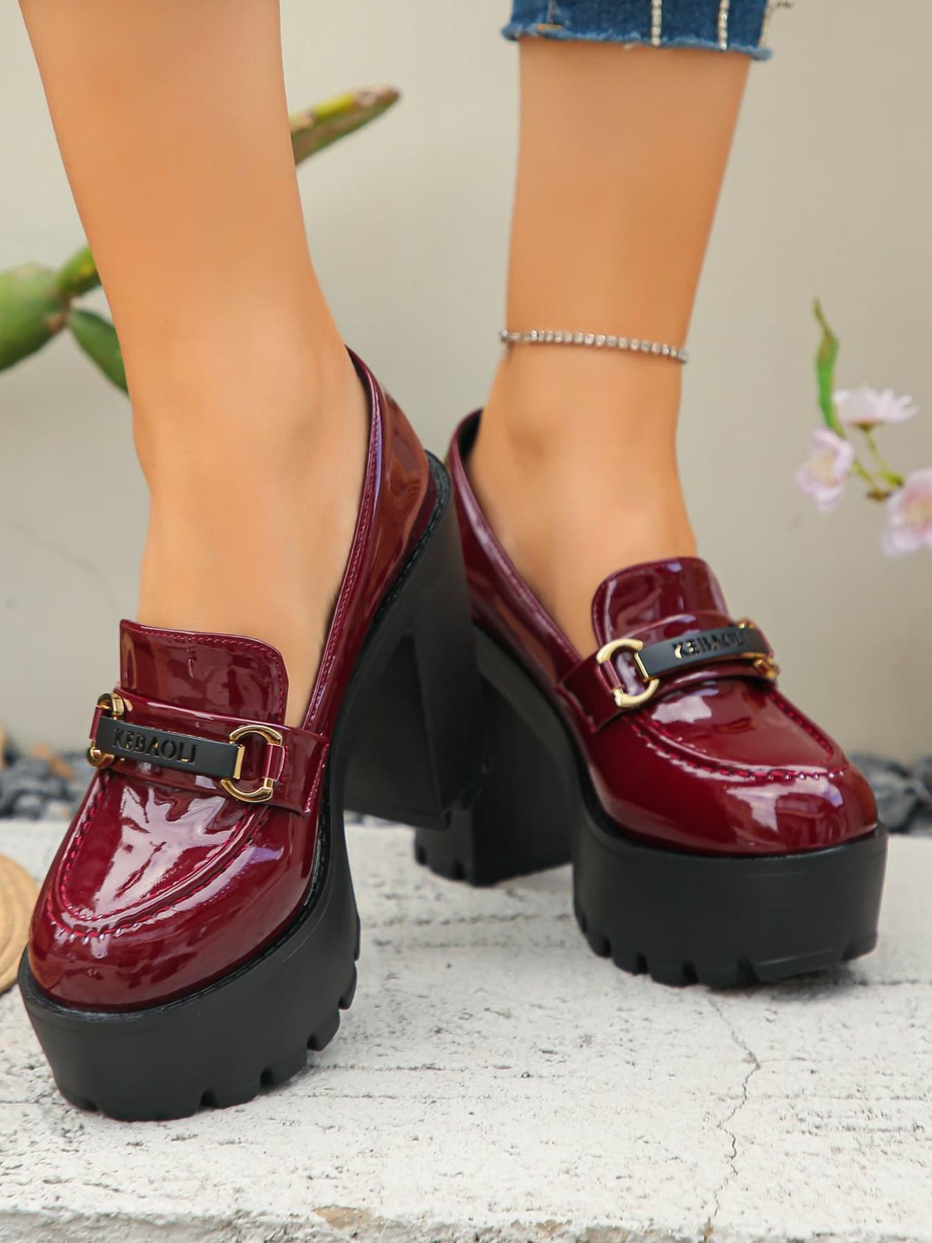 Women's Platform Chunky Heel Loafers High Heels, Patent Leather Upper, Metal Buckle Detail, Height Increasing, Block Heel, Versatile Elegant Formal & Casual Party Evening Shoes for Work, Office, Business Occasions, Platform Footwear