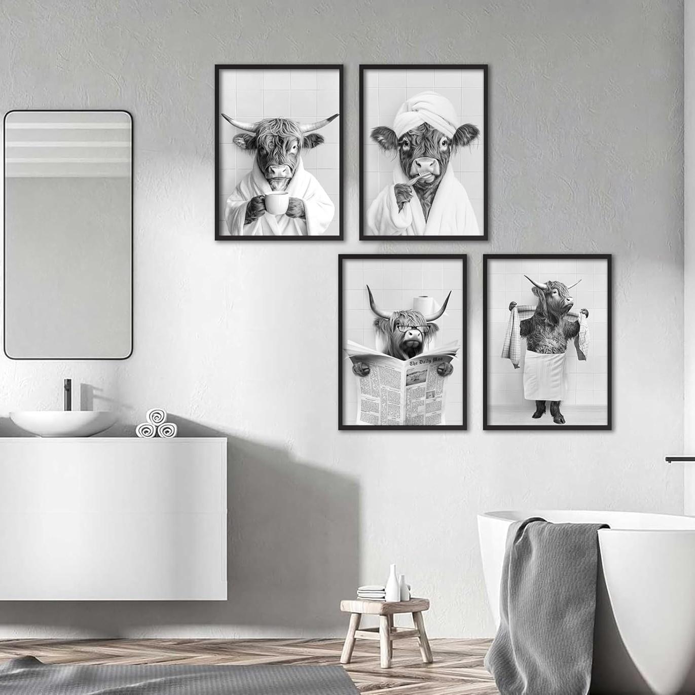 4pcs/set Frameless Funny Bathroom Humorous Animal Painting Calligraphy HD Canvas Poster living room bedroom bar aesthetic decoration