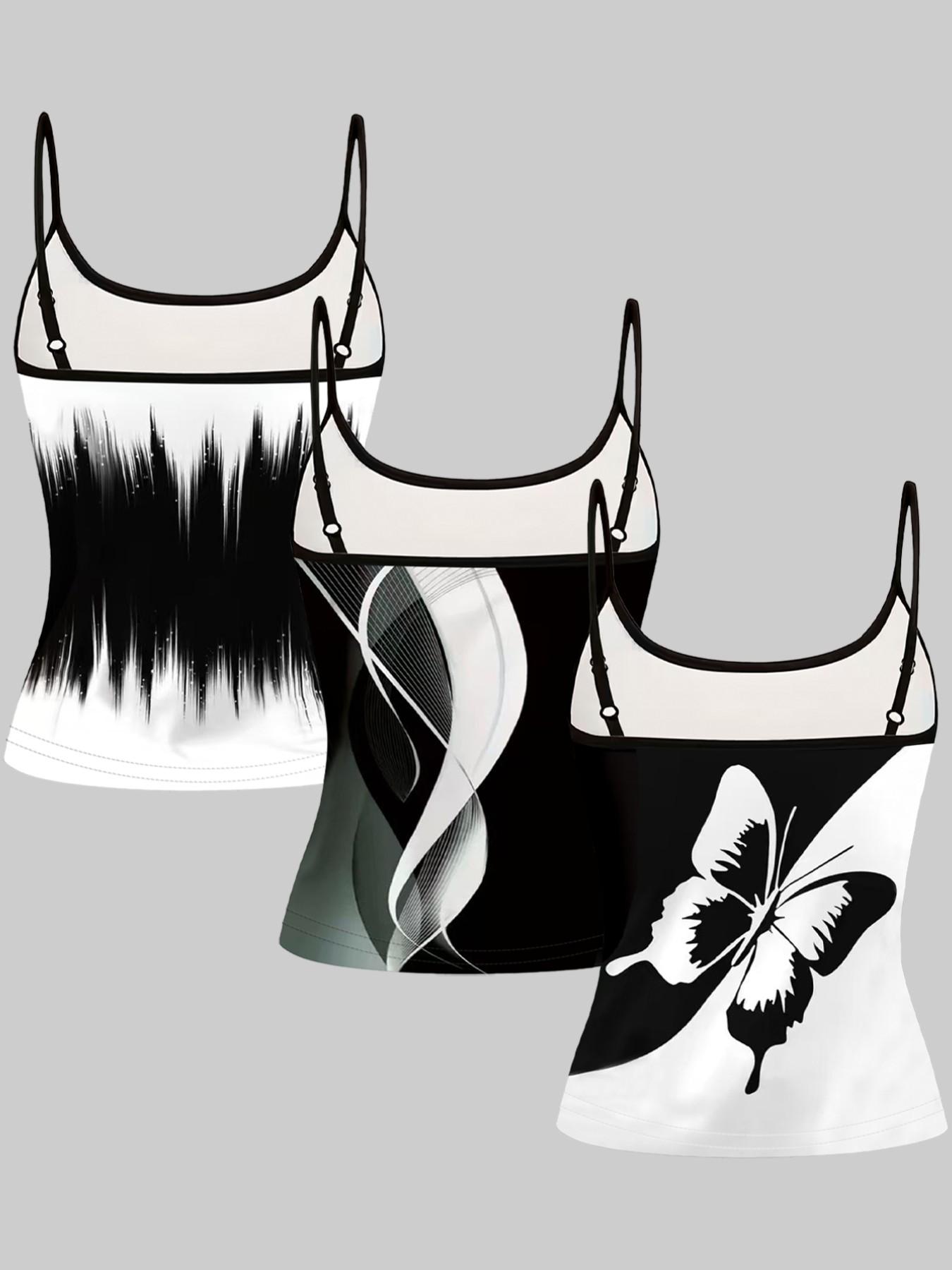 Simple Butterfly Line Print Adjustable Straps, Casual Sleeveless Slim-Fitting Top, Three-Piece Set for Home and Outdoors