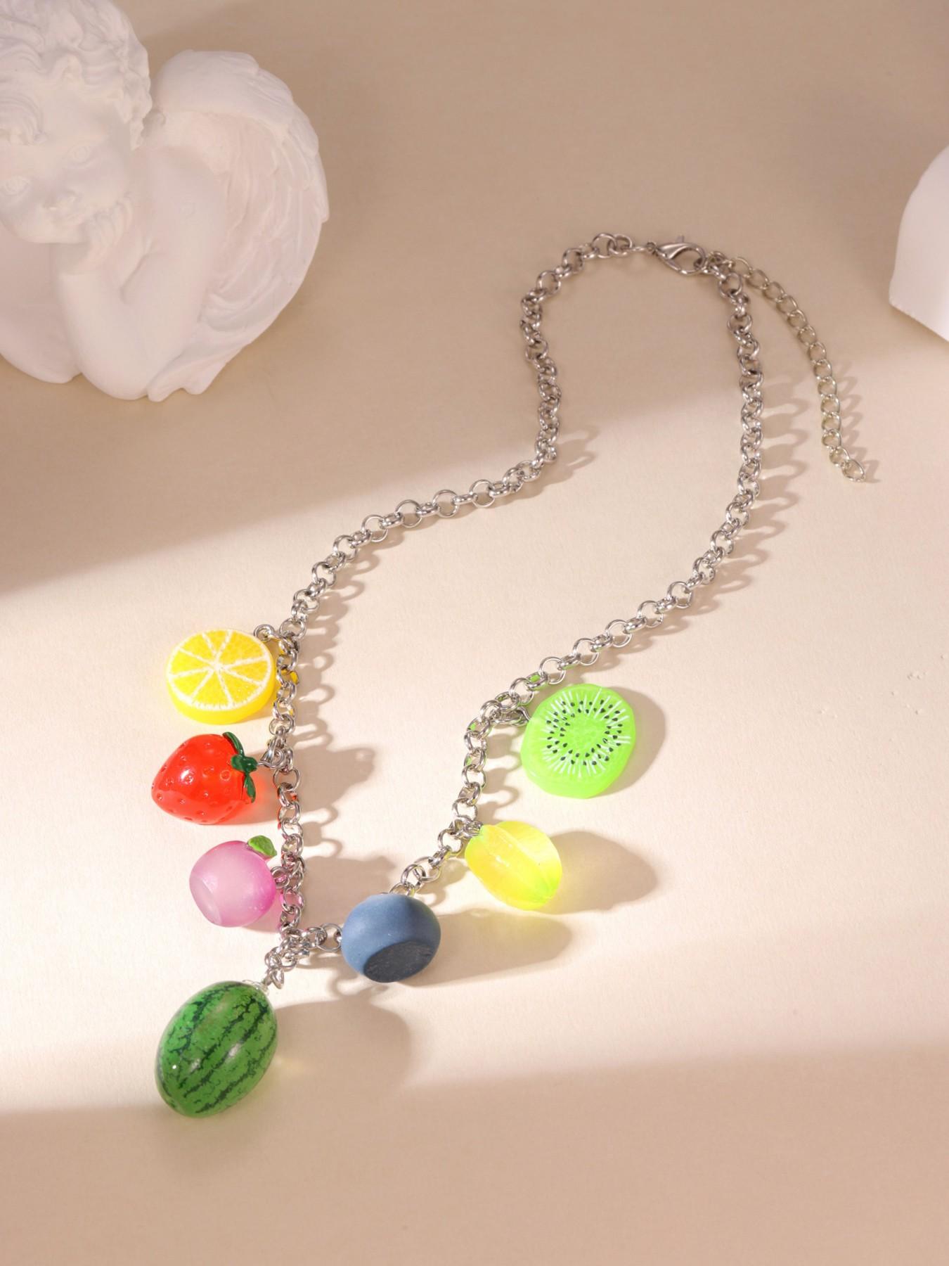 Cute Watermelon Lemon Strawberry Shape Silver Necklace Lightweight All Season For Women Daily Wear