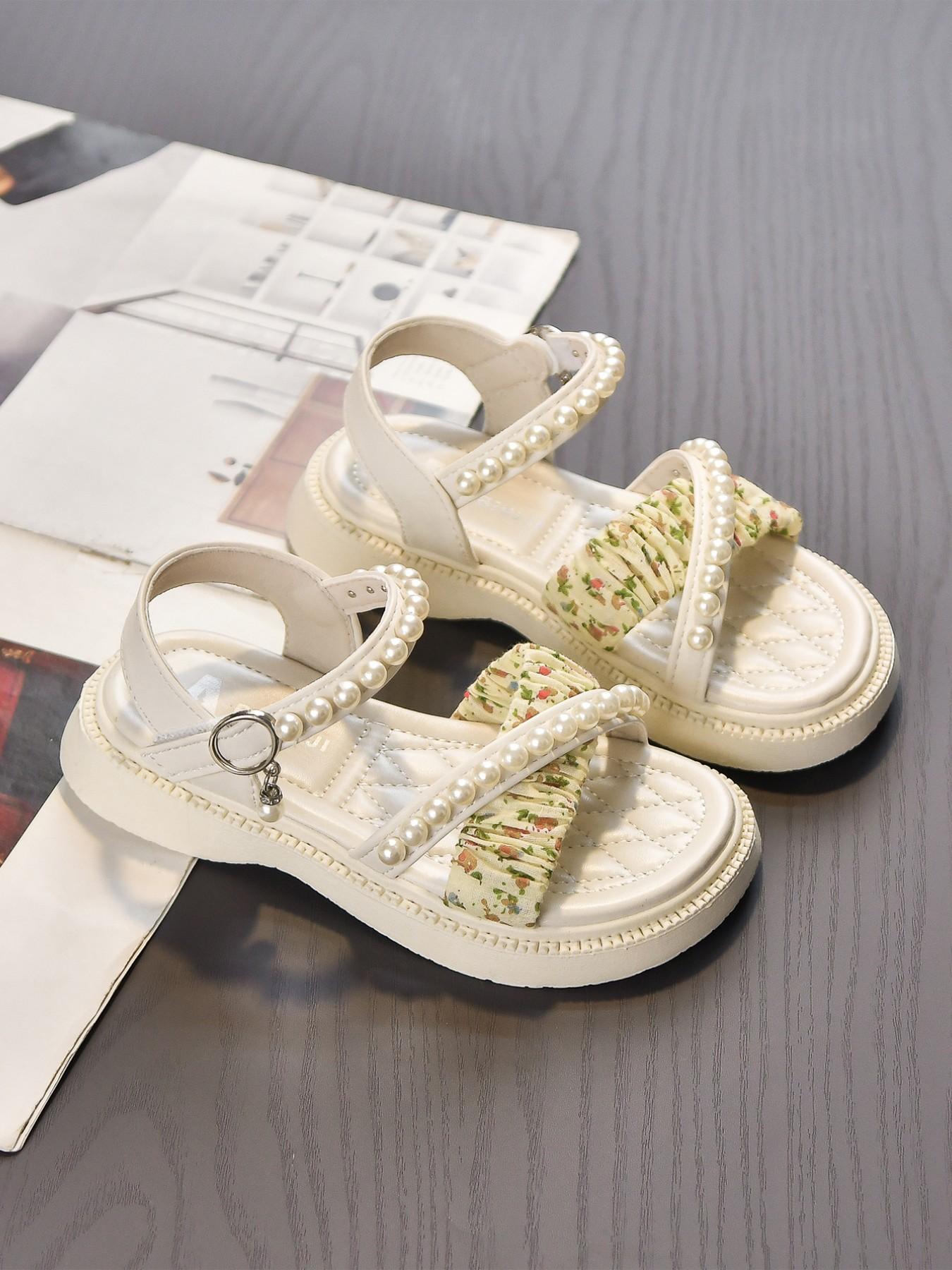 Girls' Pearl Open-Toe Sandals, Elegant Floral Design, Breathable Soft Sole, Magic Tape Closure, Comfortable PU Leather, Ages 3-12