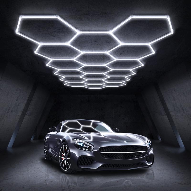 HYPERLITE offers Hexagon Garage Lights, a hexagon led lights Ceiling system designed for Grid Systems. These lights emit a Cool White light, ideal for Car Detailing Garages, Basements, Barbershops，Adjustable Lighting Options，Jumpstart newyear
