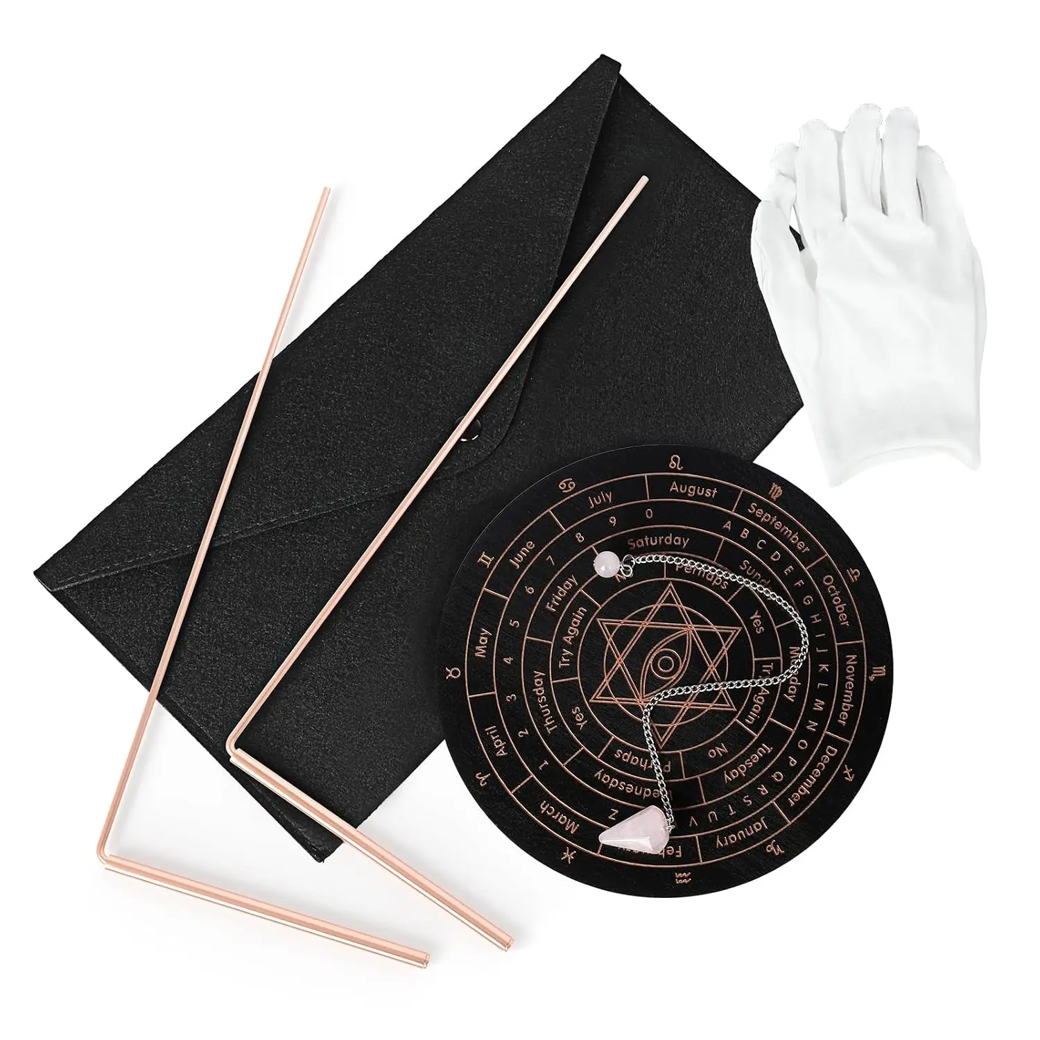 Copper Dowsing Rods Kit,Dowsing Rod Copper Spiritual for Ghost Hunting| 99.9% Pure Copper,Divining Rods with Bag,Gloves,Pendulum Board,Pink Crystal Pendulum