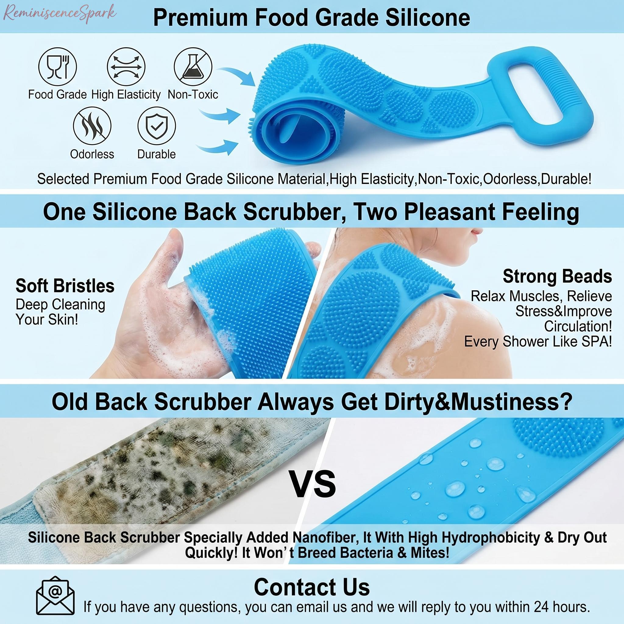 4-Pack Flexible Silicone Back Scrubber with Long Strap, Double-Sides Exfoliates & Massages, Sensitive-Safe Rinse-Dry Shower Body Brush for All Skin Types (Camping & Hiking Bath Accessory)