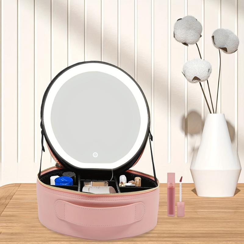 Makeup Bag Cosmetic Case Round Cosmetic Case Portable Travel Makeup Train Case Beauty Box, Cosmetic Case With Mirror With Light, Adjustable Dividers Brush Pouch