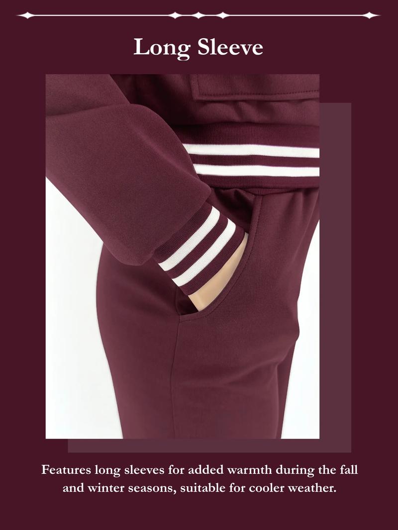 Women's Solid Color 2-Piece Athletic Set, Baseball Jacket & Pocket Pants, for Outdoor Camping Sportswear