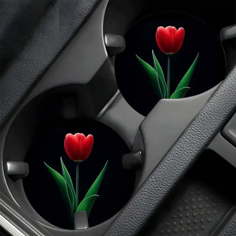 2pcs Red Tulips Blooming in The Dark Pattern Car Coasters, Non-Slip Durable Easy to Clean, Car Interior Additions, Cup Holder Decoration, Suitable for Daily Commute, Long Distance Driving, Dating Outings And Various Scenarios