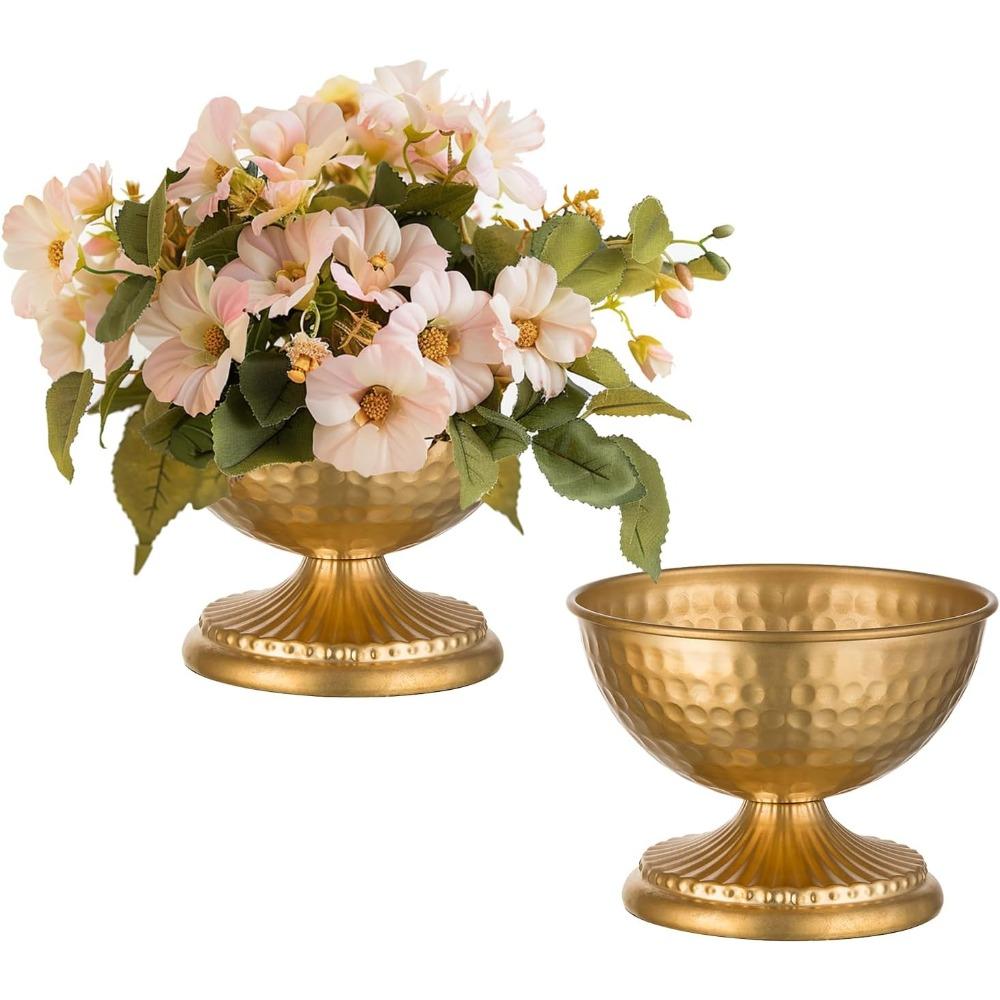 2/10pcs Gold Urn Vase for Flowers - Wedding Table Decoration Centrepieces Set of 2 Vintage Metal Vases for Artificial Flowers Small Hammered Vase for Birthday Party Christmas Anniversary