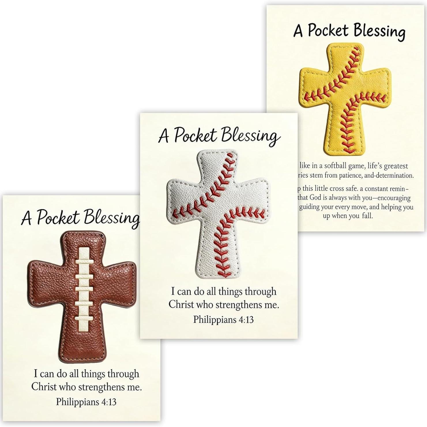 Pocket Blessing Baseball Cross Leather Encouragement Card, Faith Gift for Athletes, Inspirational Sports Souvenir