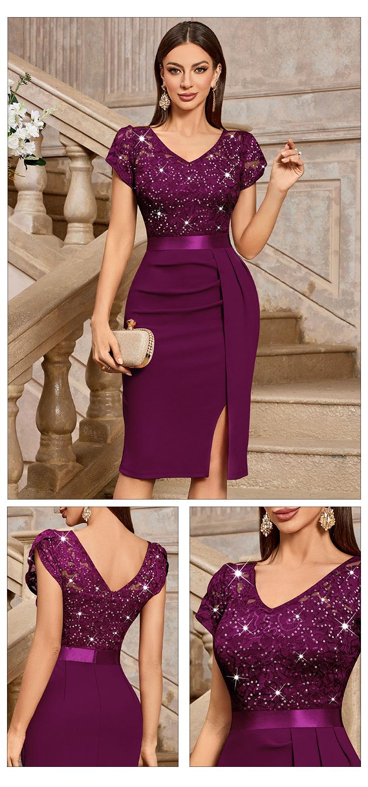 MIUSOL 54347A Women's Sequin Floral Lace V Neck Elegant Ruffle Ruched Style Slim Fit Cocktail Party Chic Womenswear Formal Dress