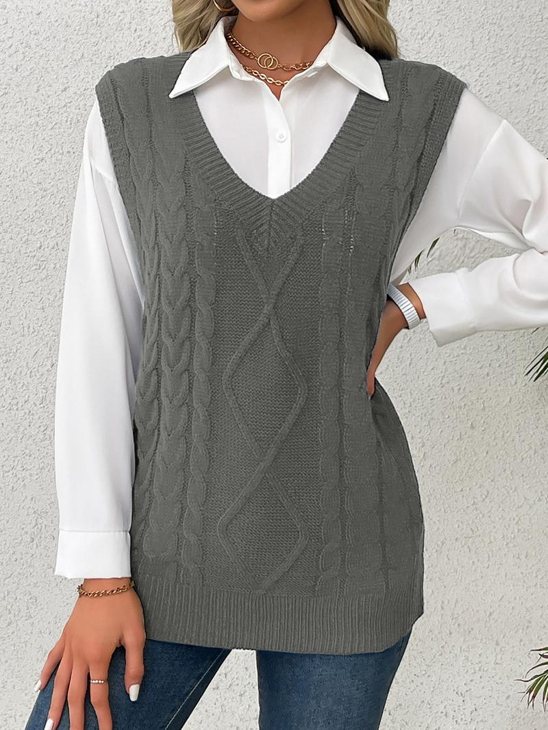 Women's Solid Textured V Neck Sweater Vest, Casual Preppy Cable Knit Pullover for Fall & Winter, Women's Knitwear for Daily Wear, Sweaters Vest