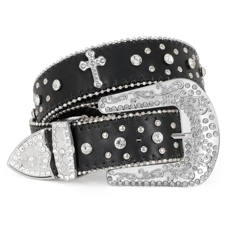 JASGOOD Rhinestone Studded Belt for Men Women, Western Leather Belt for Cowgirl Cowboy Vintage Bling Belt for Pants Dress