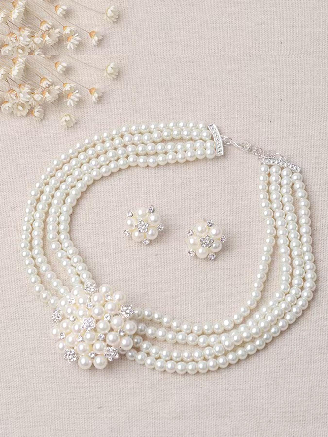 3-Piece Luxury Vintage French Style Multi-Layer Imitation Pearl Necklace Earrings Set, Perfect for Women's Evening Weddings Parties