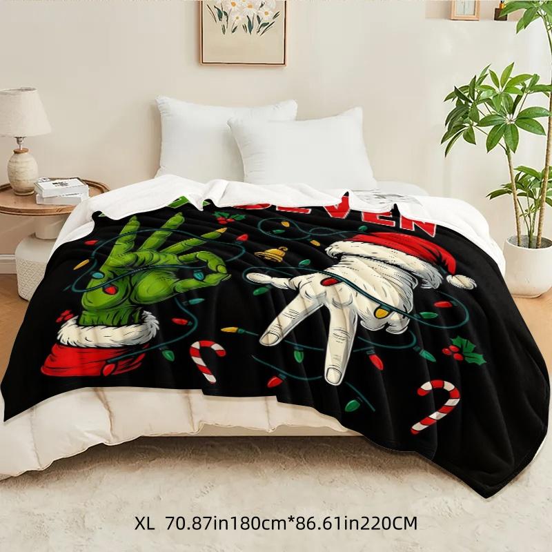 Personalized Christmas Number 67 Flannel Blanket, Grinch Gesture Decorative Warm Home Blanket, Ideal for Home Office Travel Camping