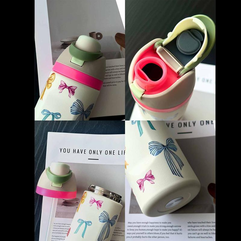 Bow Pattern Stainless Steel Vacuum Flask, Leakproof Insulated Tumbler, 1 Count Portable Insulated Water Bottle with Straw, Drinking Cup for Home Office School Outdoor Camping, Drinkware