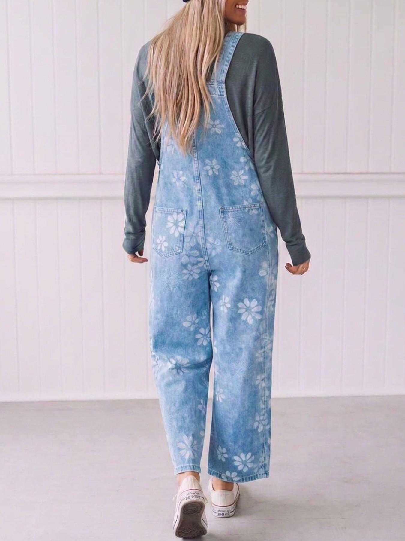 Women's Floral Printed Denim Overalls Loose Casual Bib Dungarees Vintage Wide Leg Jean Jumpsuit Retro Suspender Long Pants with Pockets