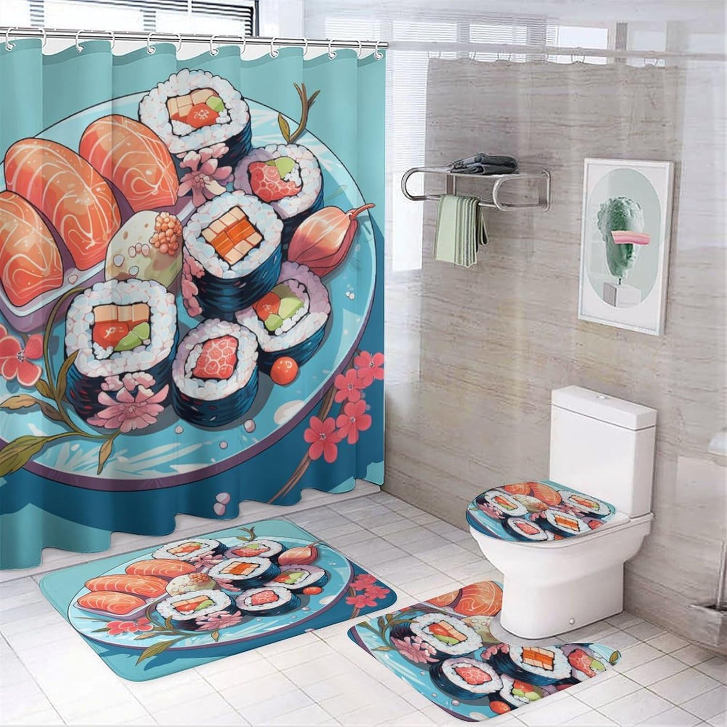 It's Just Chicken Time Shower Curtain 4 Piece Set Bathroom Shower Curtain Set with Rugs Rooster Chicken Holiday Durable and Waterproof for Bathroom Decor