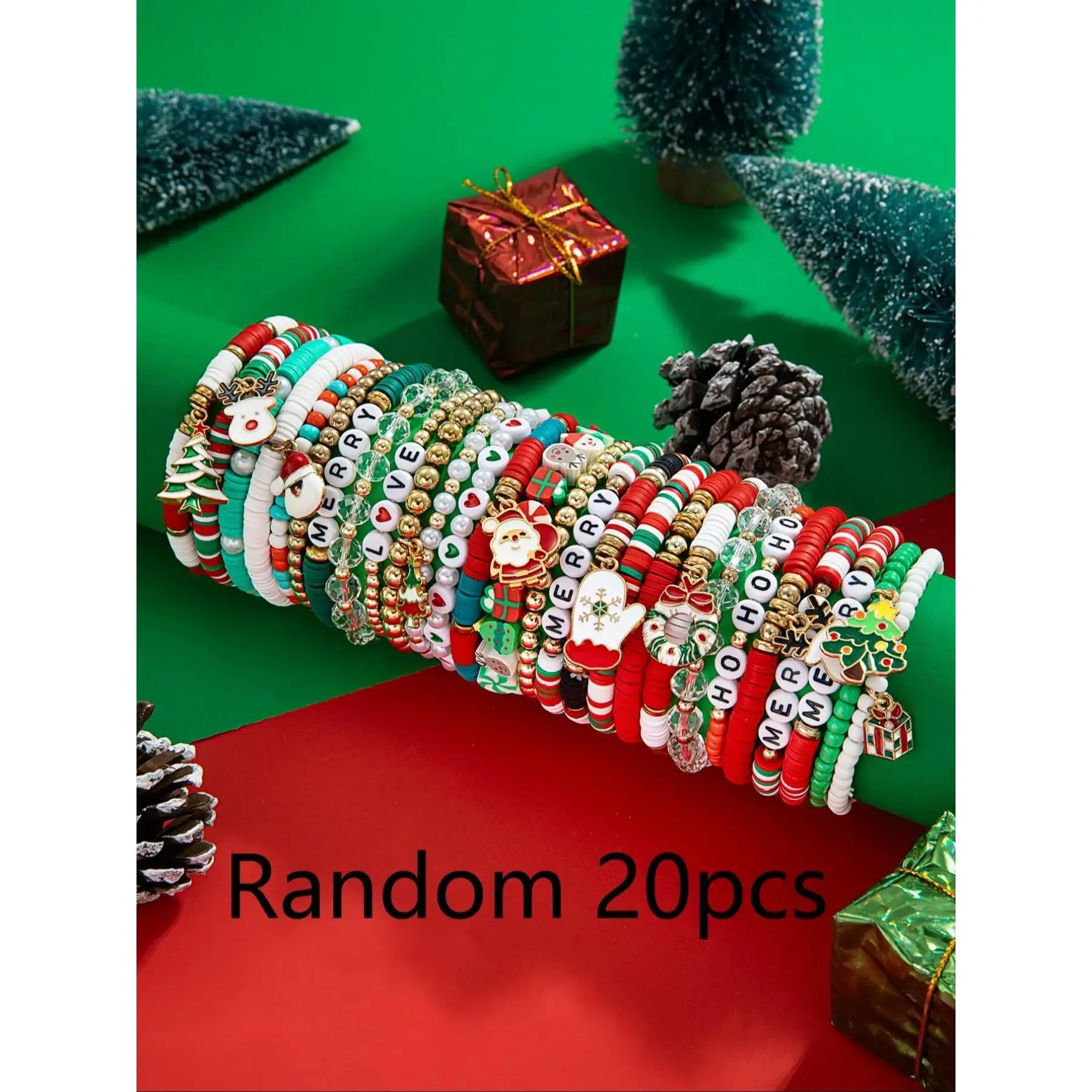 20pcs Random Christmas Soft Clay, Cute Tree Reindeer Design, Oil Drip Pendant, Holiday Jewelry Gift for Women, Bohemian Bracelets, Bracelet Set