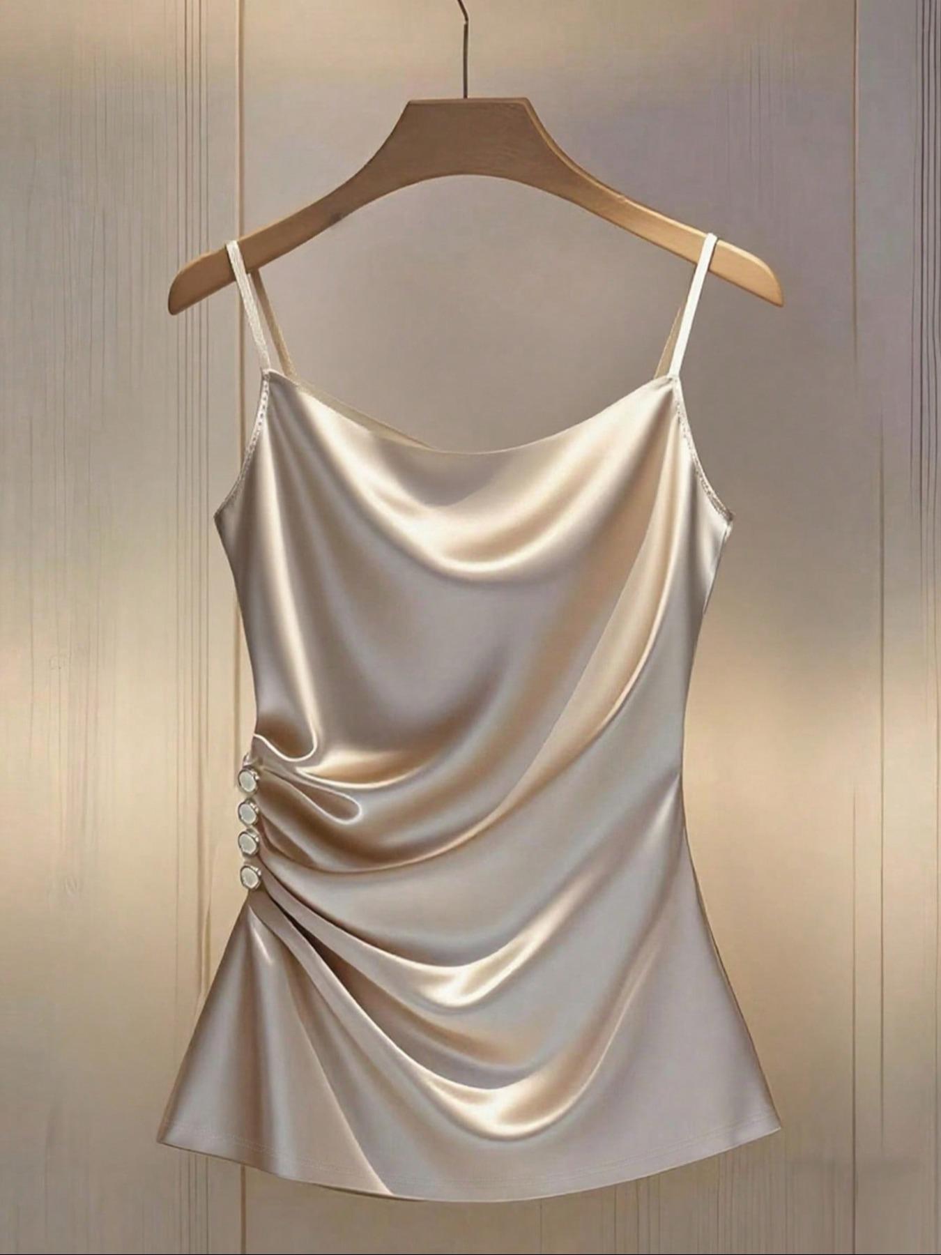 Elegant Satin Champagne Halter Top with Pearl Buttons, Side Ruched Slim Fit, Versatile Fashion for Daily Wear, Womenswear