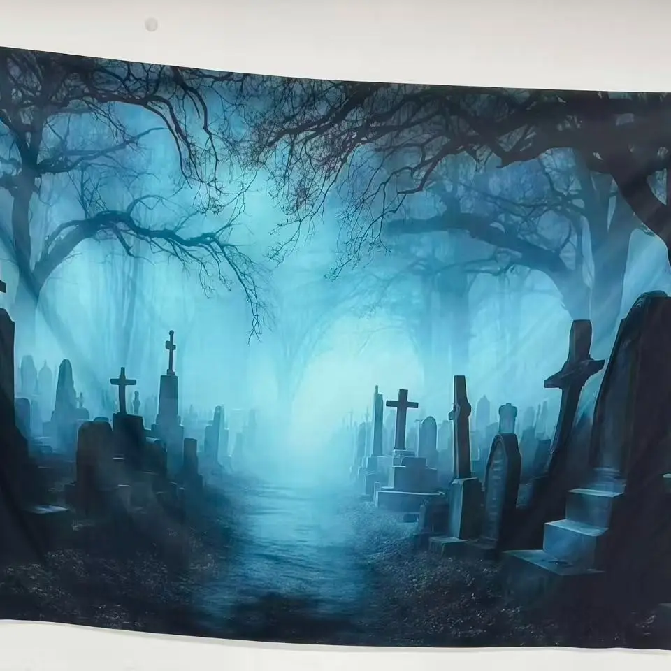 1pc， Halloween creepy cemetery background banner, made of polyester material, suitable for indoor/outdoor/garden decoration, room decoration, Halloween decoration, home decoration, Halloween decoration, bedroom decoration