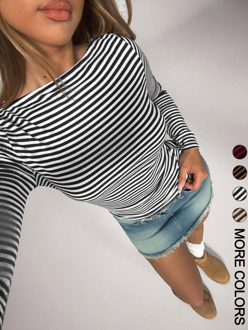 Valentine's Day Women's Casual Striped Slim Fit Long Sleeve T-Shirt, Comfortable Ladies Top for Daily Wear, Stylish and Versatile Design