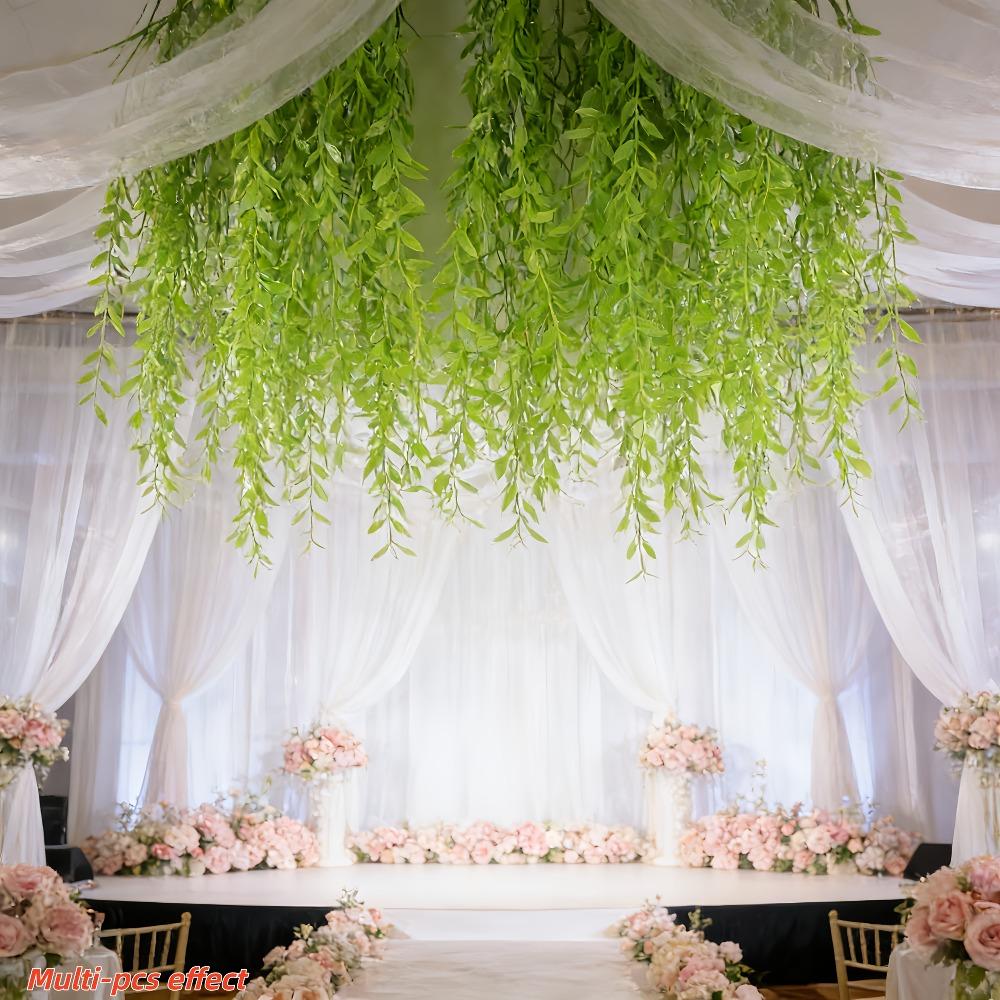 100Pcs Artificial Green Willow Branches - Maintenance-Free Spring And Summer Decorative Drapes, All-Weather Hanging Ivy, Suitable for Wedding Arch Decorations, Hotel And Ceiling Decor, Climbing Frame Decorations, And Ceiling Embellishments