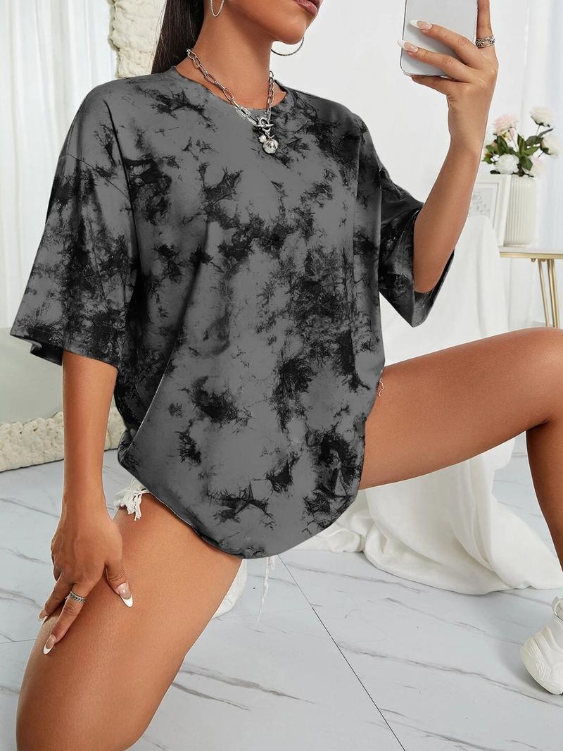 Women's Tie-Dye Loose Fit Drop Shoulder Short Sleeve T-Shirt, Street Style Sporty Top, Casual Fashion Tee for Daily Wear