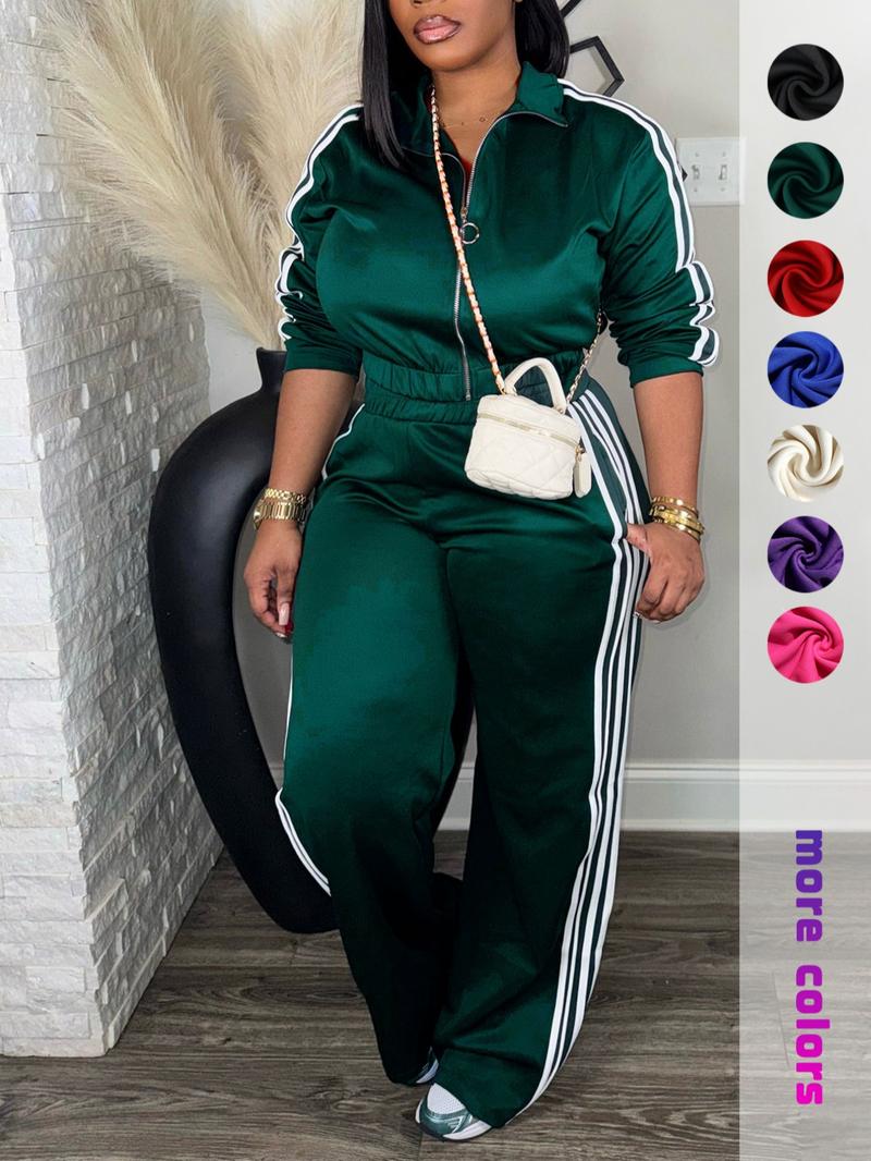 Women's Casual Patchwork Set, Zipper Stand Collar Top + High Waist Loose Pants, Slimming Design, Two-Piece for Daily Wear,Airport Outfit