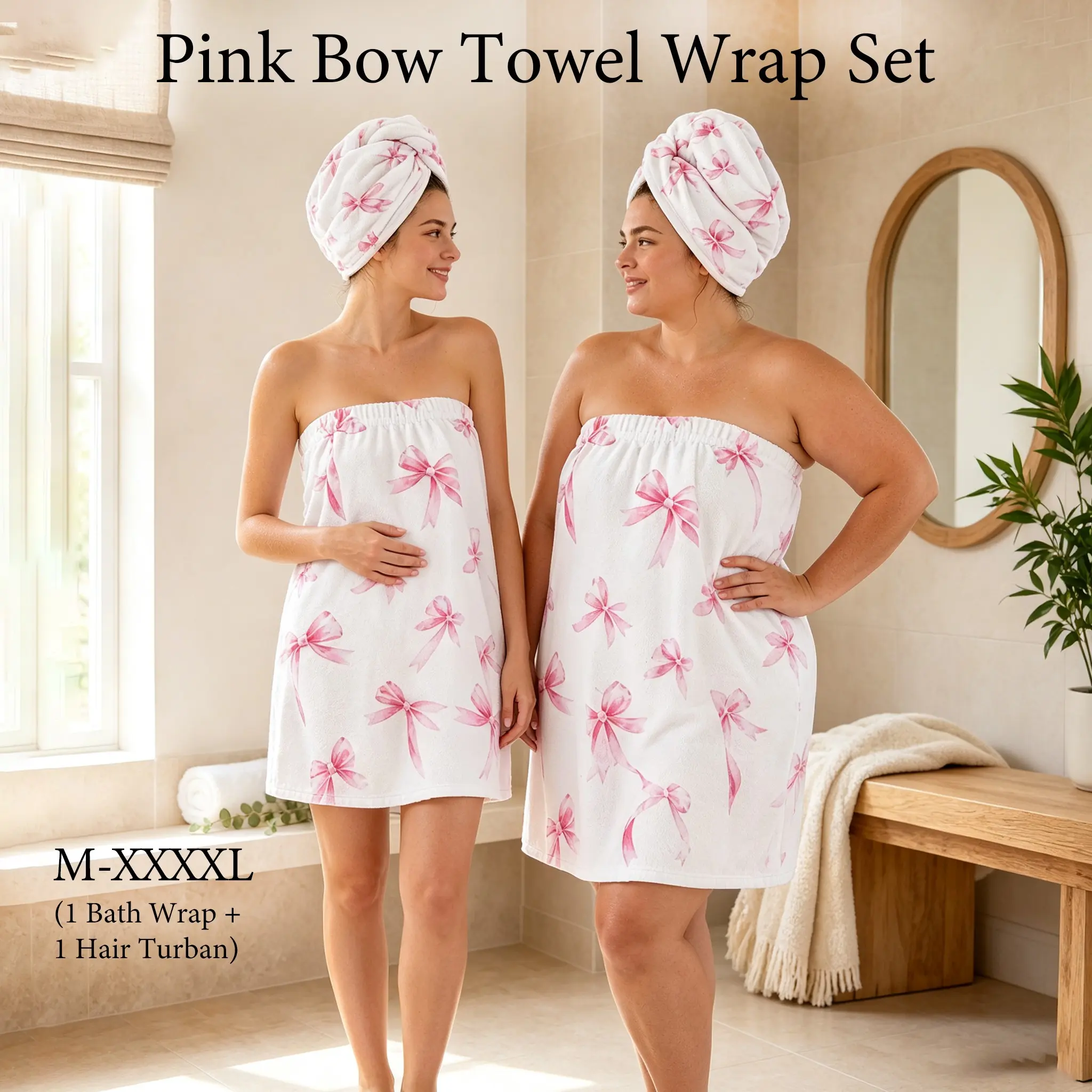Women's Pink Bow Print Bath Wrap Set, including bath wrap and hair turban. Elastic strapless SPA wrap skirt paired with matching hair turban; soft microfiber water-absorbent bath wrap, suitable for bathroom shower, plus sizes available from M to XXXXL.