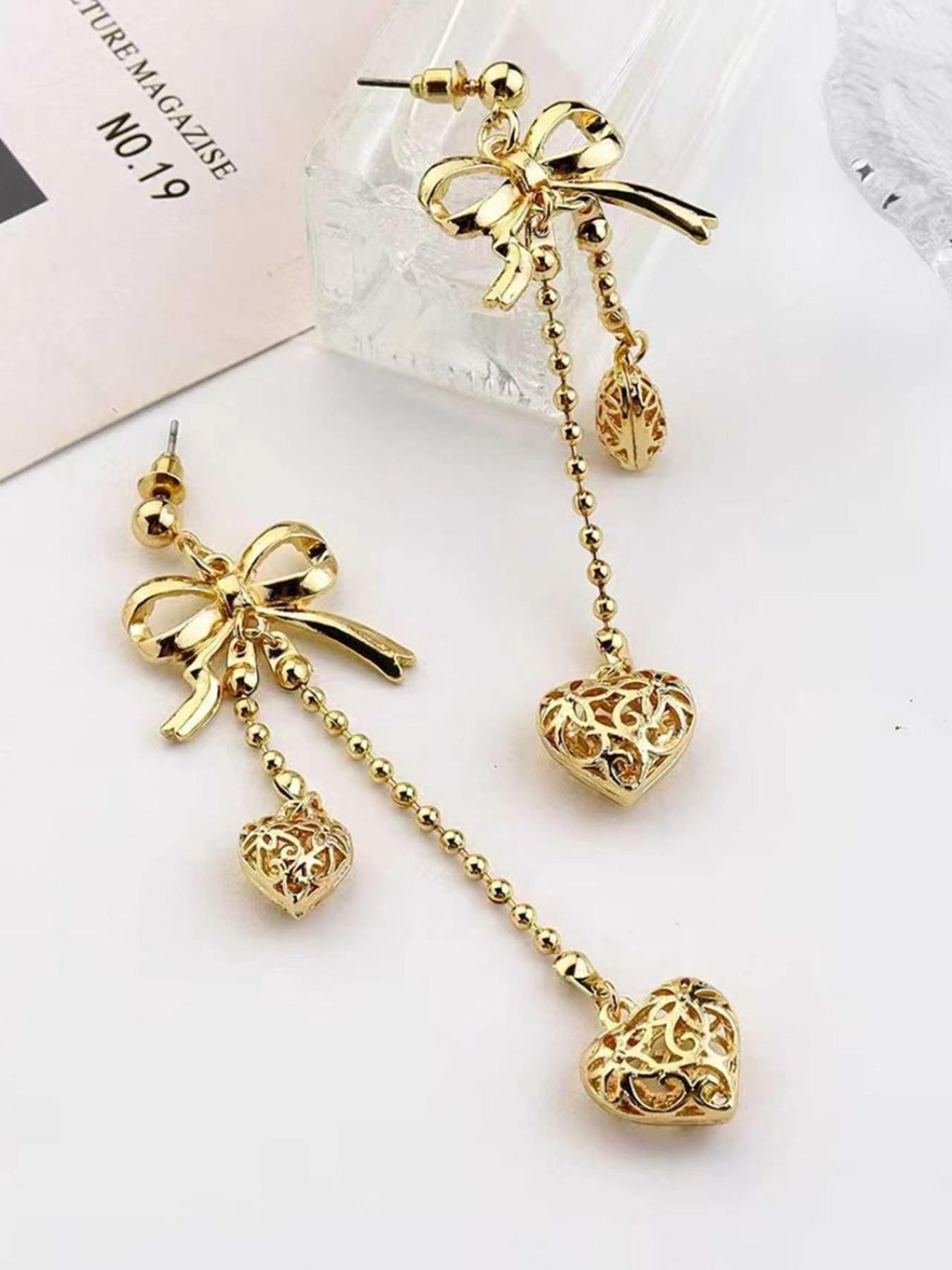 Elegant Bow Earrings, Hollow Metal Heart Pendant, Star Moon Design, Classic Women's Jewelry, Perfect for All Seasons