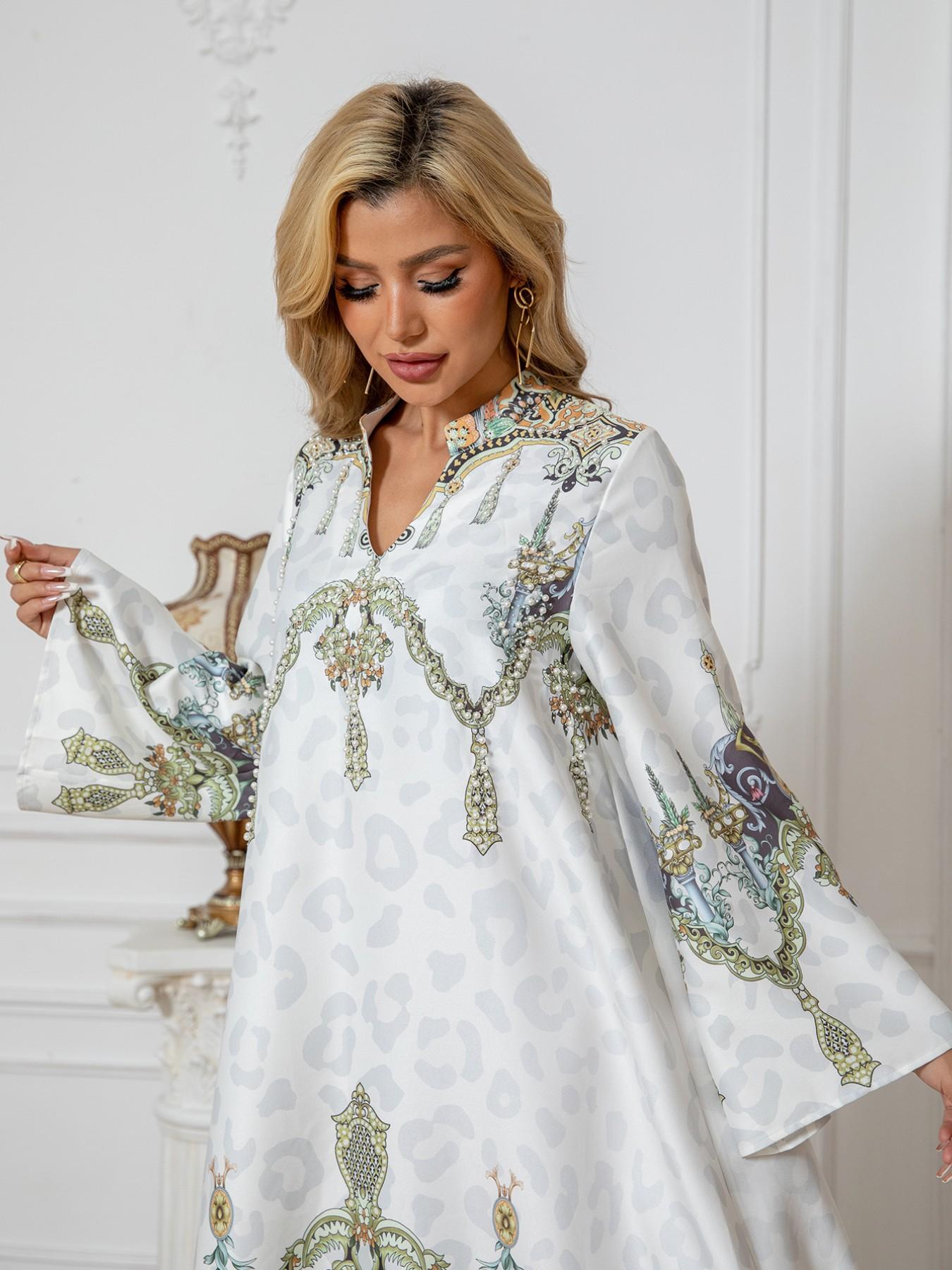 Cross-Border Muslim Robe Printed Beaded Long Dress, Abayas Rhinestone Elegant Style, Women's Fashionable Long Skirt Dress