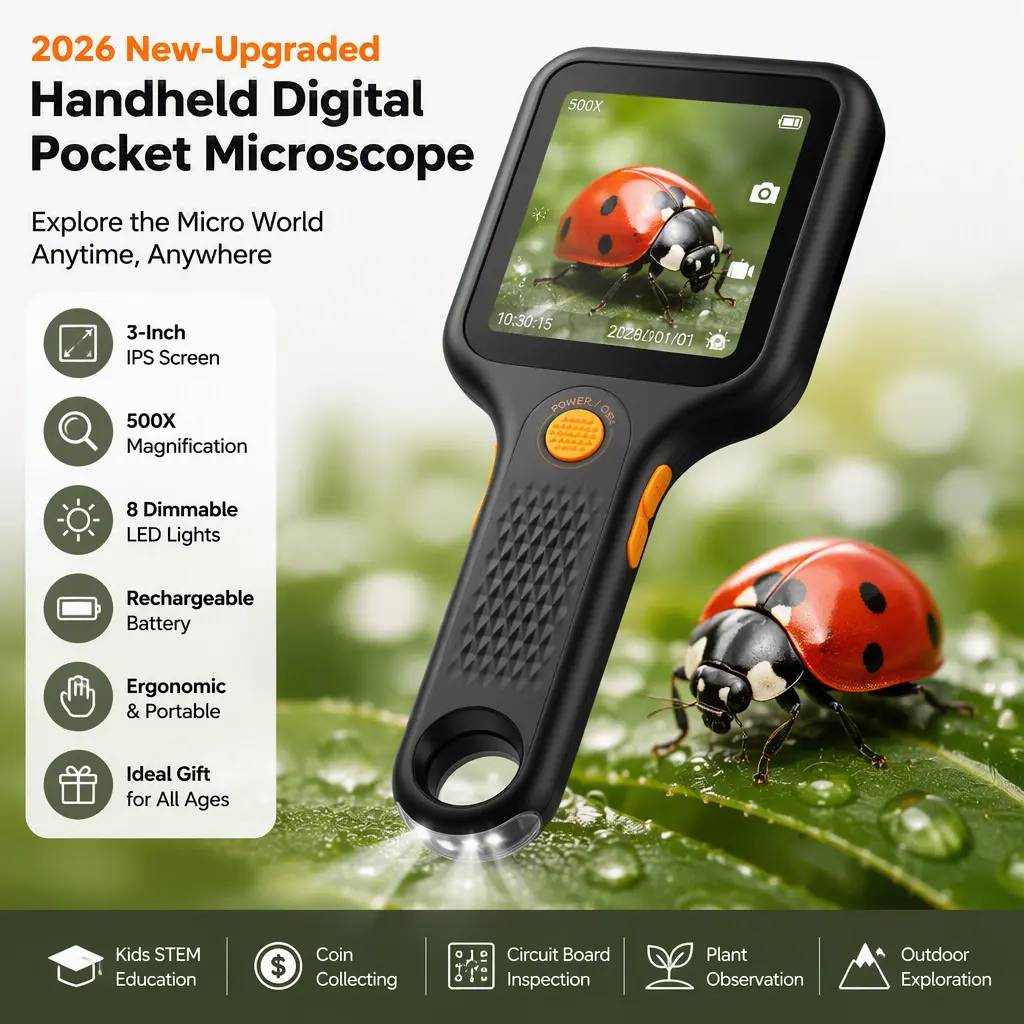 3‑Inch IPS Screen Handheld Digital Pocket Microscope, 2026 Upgraded 500X Magnification Microscope with 8 Adjustable LED Lights, Rechargeable Device for Kids Science Exploration, Adults Coin Observation and Hobby Use