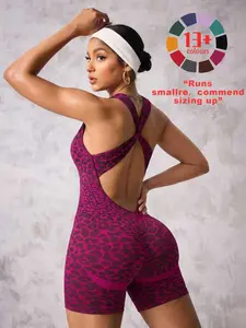 Seamless Women's Leopard Print Jumpsuit Shorts Athletic Jumpsuit High Stretch Detachable Bra Cups Ideal for Daily Wear and Outdoor Sports