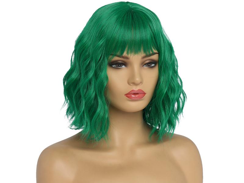 BESTUNG Short Green Wigs for Women Green Wavy Bob Wig with Bangs Medium Length Synthetic Hair Water Wave Dark Roots Wig Gray Colorful Wigs（12inch）
