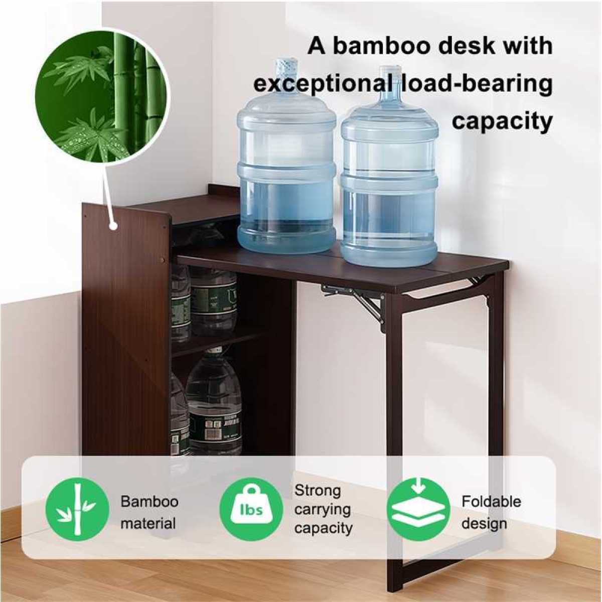 Bamboo Folding Desk, Foldable Desk for Small Space, Computer Desk with Hidden Storage, Mid Century Foldable Table for Home Office and Bedroom (Walnut Brown)