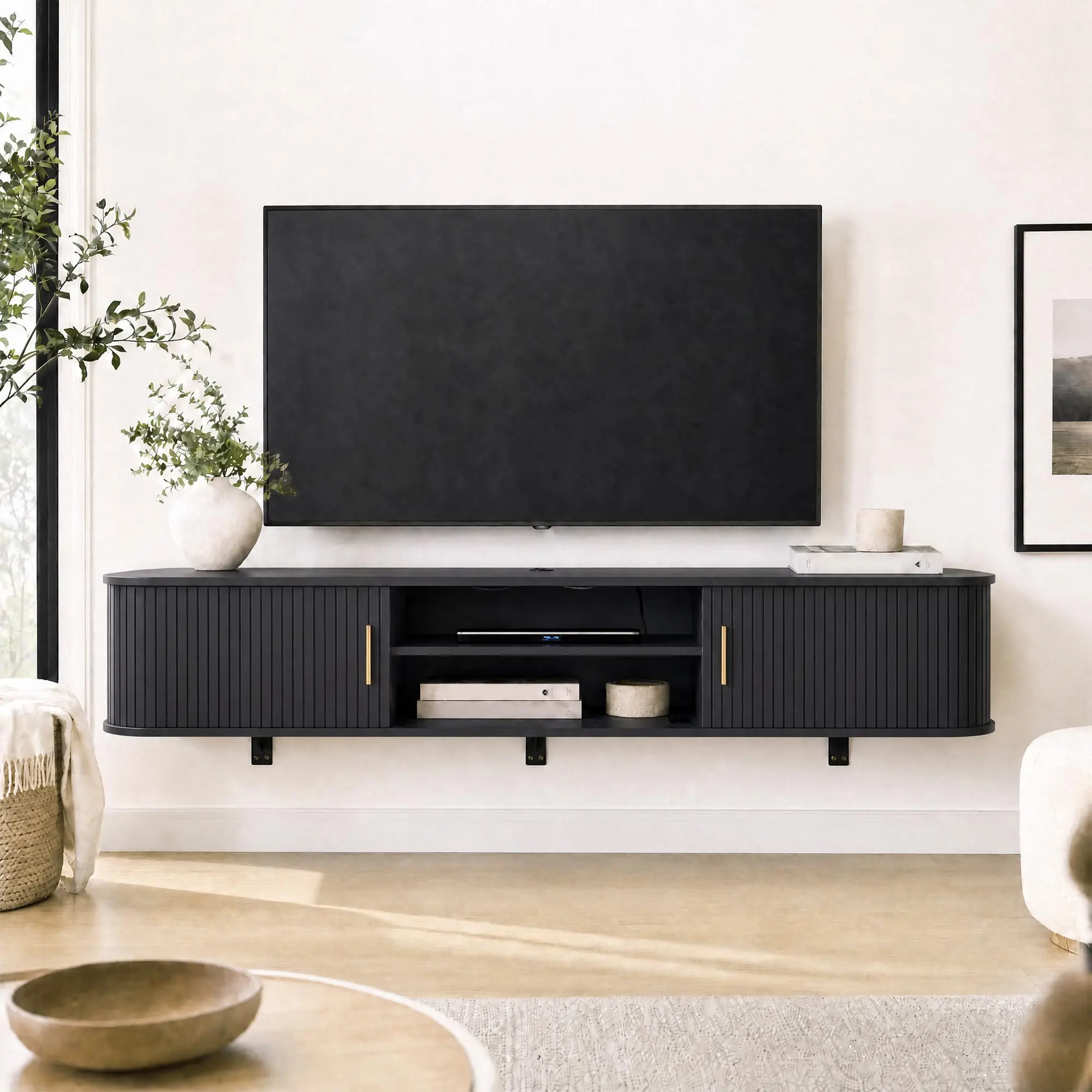 70" Floating TV Stand for TVs Up to 80 Inch | Fluted Entertainment Center with Storage & Sliding Door | Modern TV Console Table for Small Spaces, Living Room
