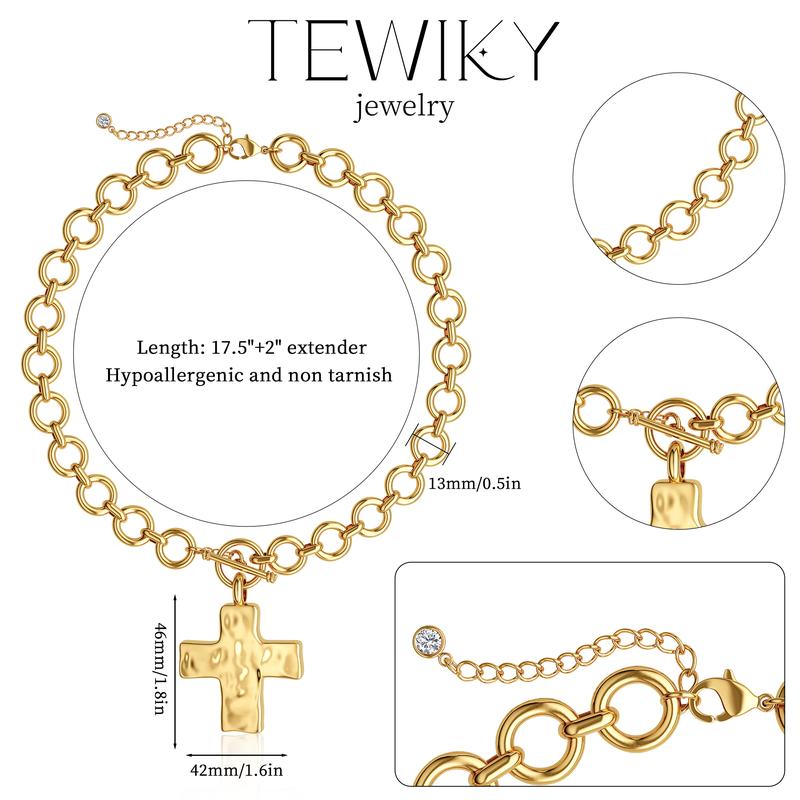 Loyalove&Tewiky Gold Chunky Cross Necklace for Women Statement Cross Pendant Necklace Layered Hammered Bold Cross Necklace Vintage Toggle Clasp Necklace Jewelry For Valentine's Day Gift