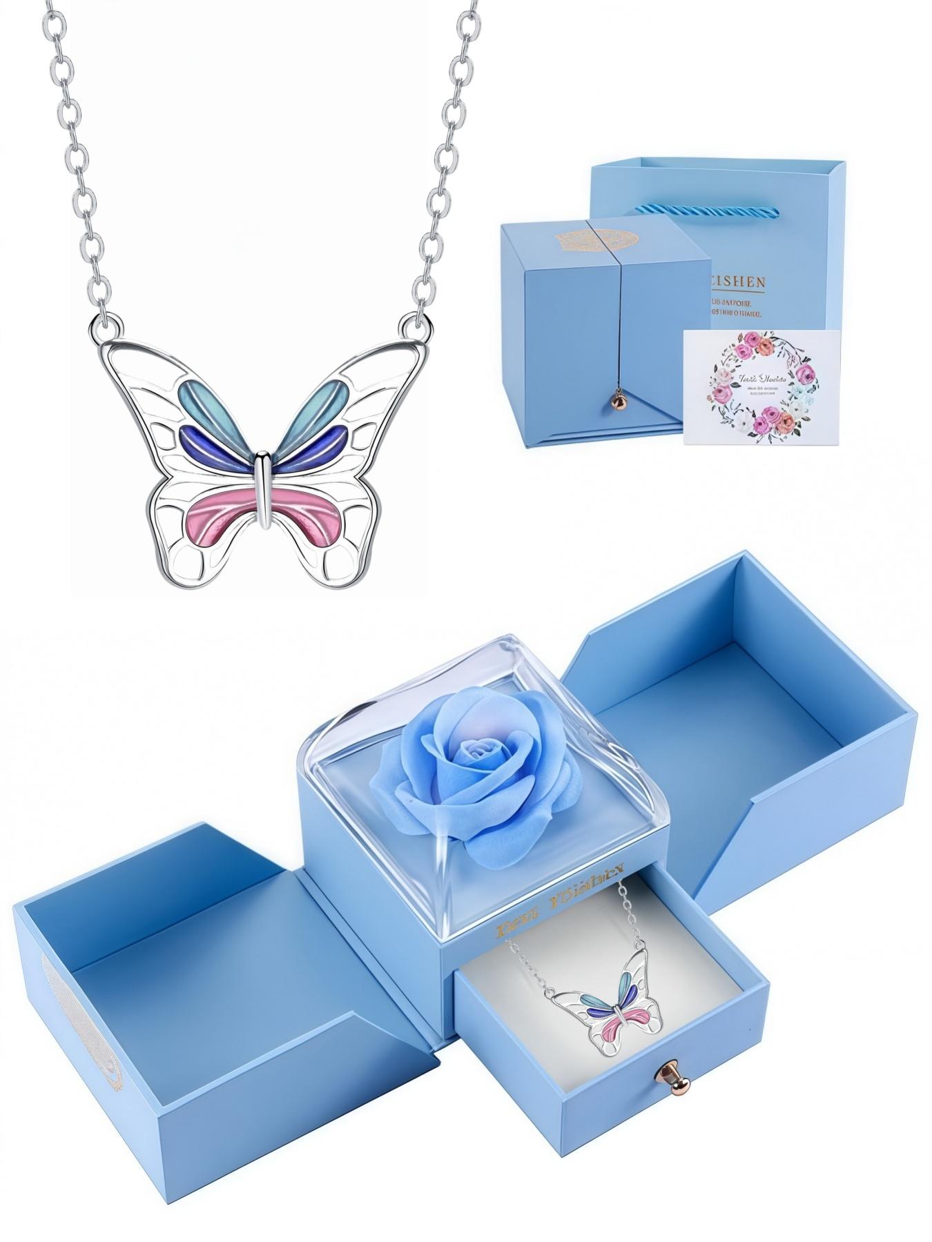 Fantasy Butterfly Gradient Wings Original niche high-end butterfly necklace.Paired with a surprise double-door preserved rose jewelry gift box.Ideal gift for festivals, birthdays, Mother’s Day and Valentine’s Day.