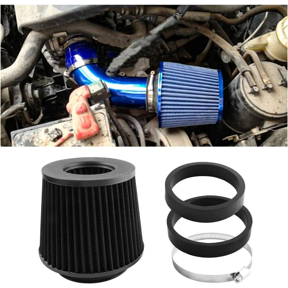 Universal Clamp-On Air Intake Filter, 76 90 102MM High Performance Washable Round Tapered Cold Air Intake Filter, Engine Cleaner Replacement Accessories, Fit for Truck Sedan Motorcycle