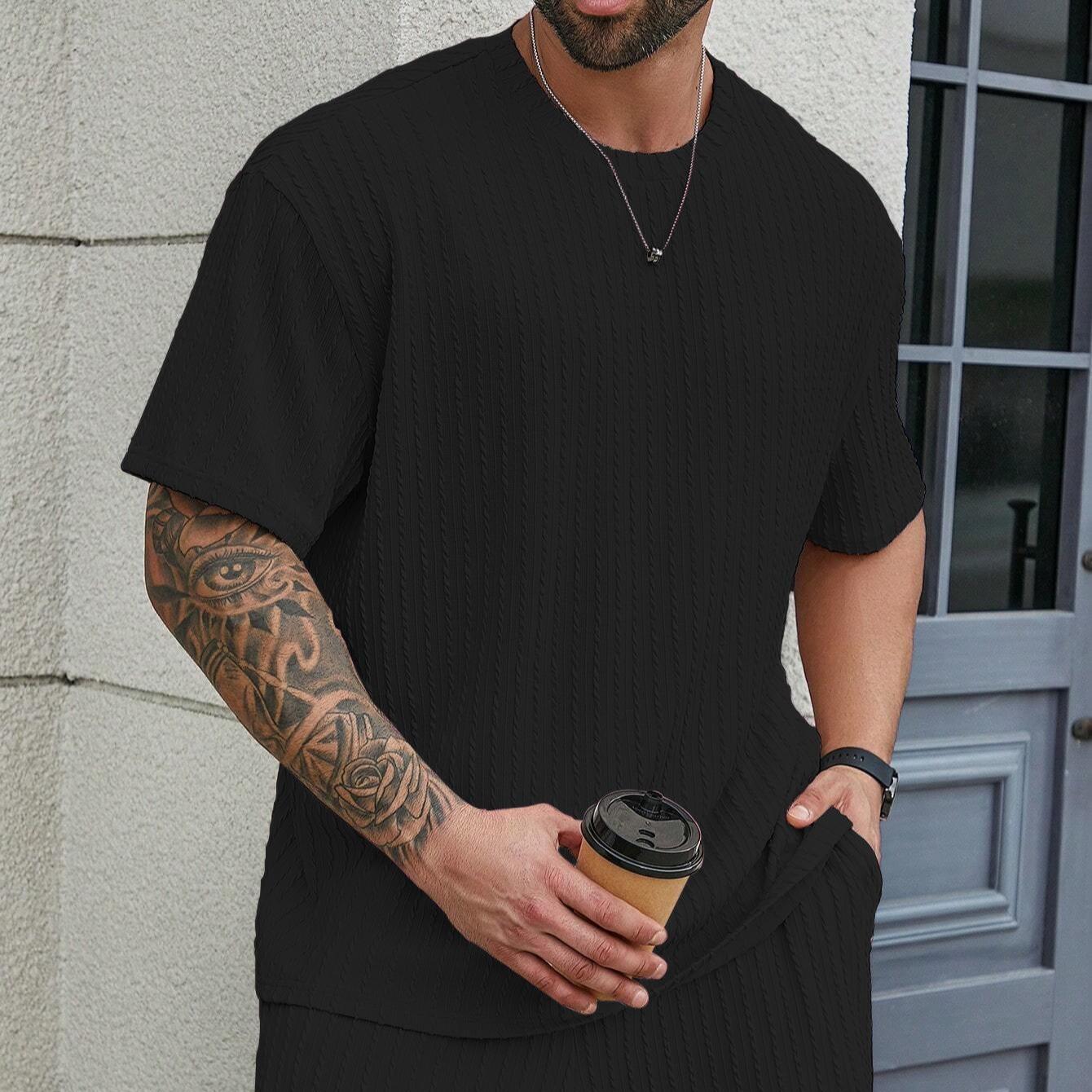 KZZ Men's Premium 2-Piece Plain Casual Shorts Set - Solid Textured Drop Shoulder Round Neck Tee & Drawstring Shorts, Relaxed Loose Fit, Machine Washable, Fashion Spring Summer Menswear, Christmas Gifts for Him