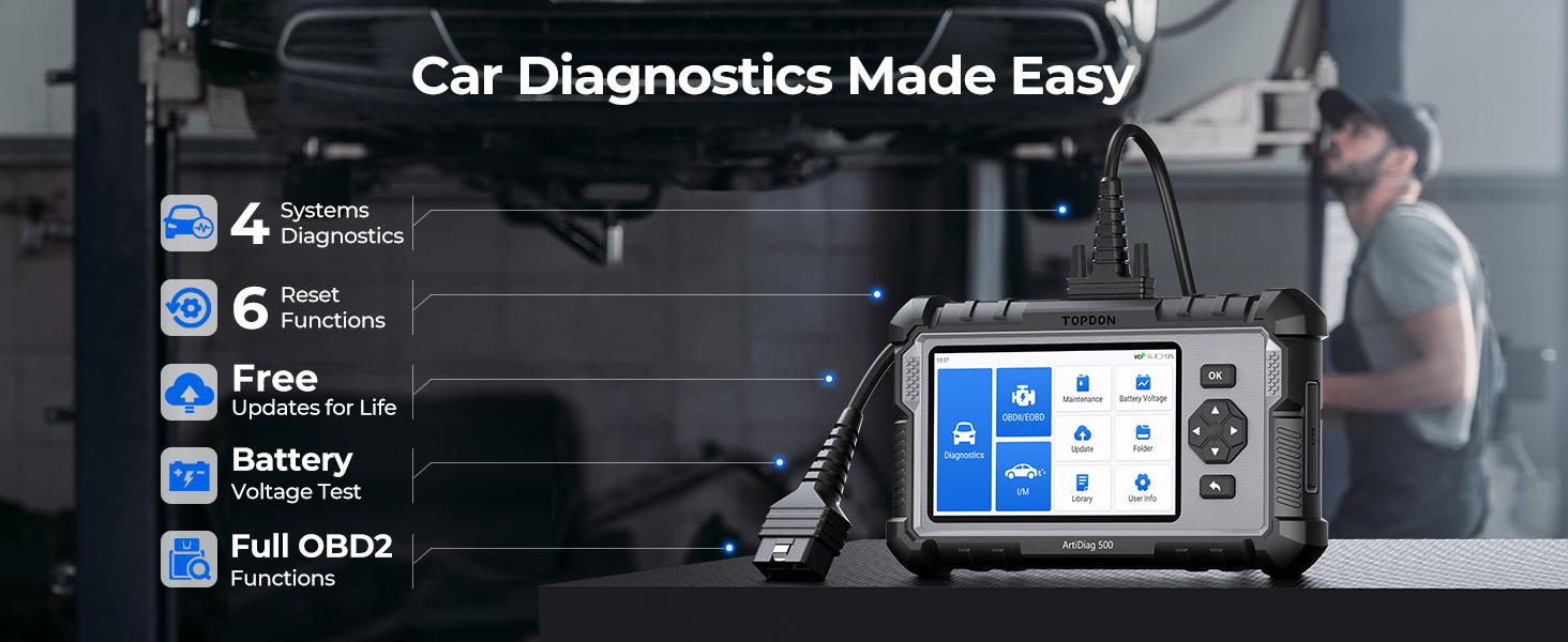 TOPDON AD500 OBD2 Scanner Car Code Reader Scan Tool 6 Reset Functions 4 Systems Diagnostics