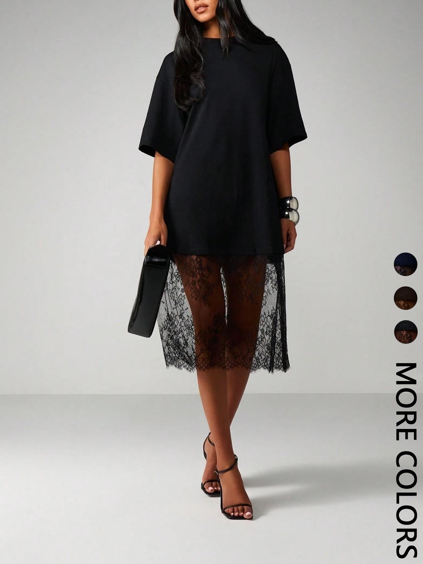 Women's Two-Layer T-Shirt Dress, Womenswear, Crew Neck, Oversized Short Sleeve Knitted Outer, Patchwork, Sheer Floral Lace Midi Underlayer, Soft Breathable Fabric, Casual Daily, Date Night & Party Wear, Edgy Dark Feminine Style