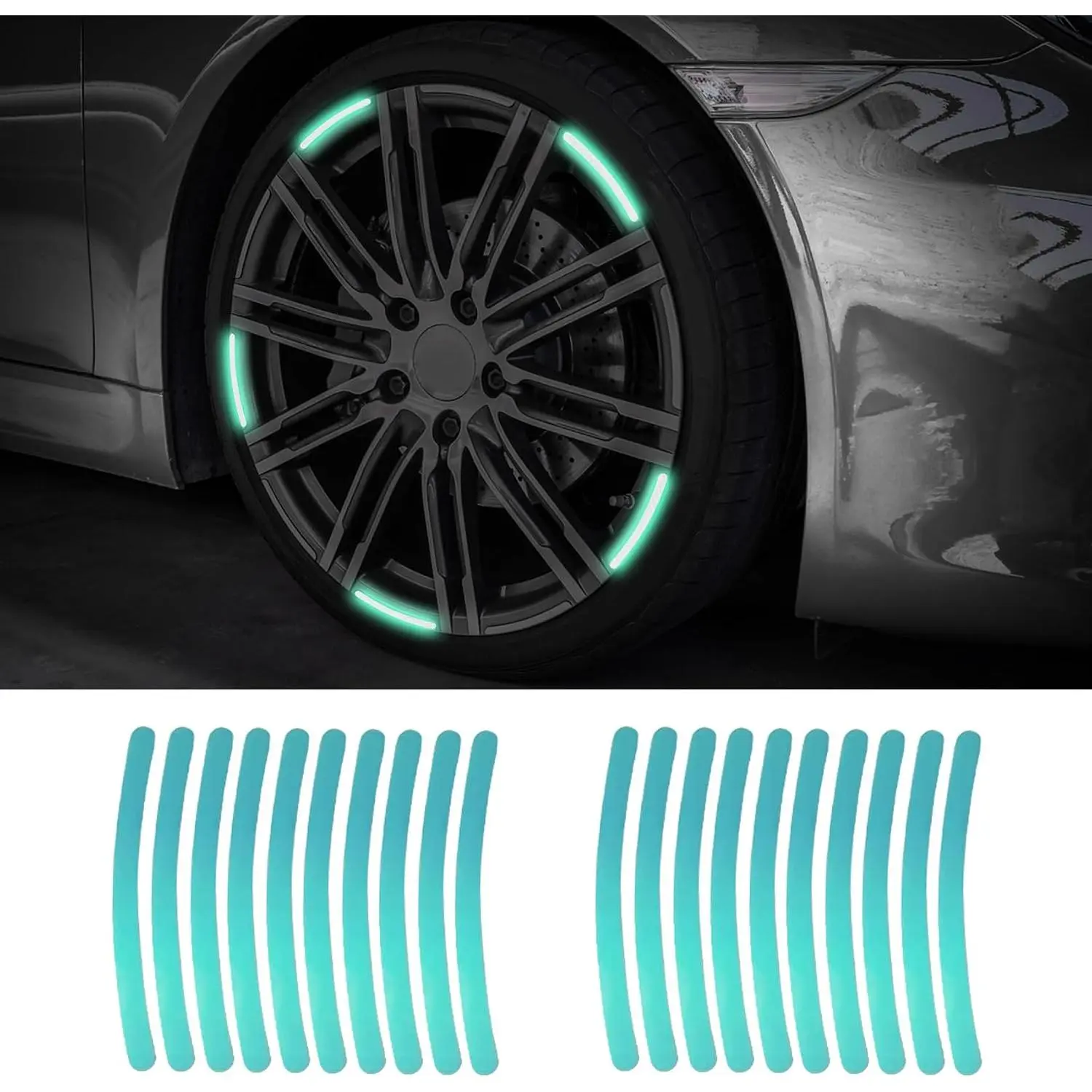 20PCS Reflective Car Wheel Decorative Stripe Stickers, Night Safety Warning Tape Sticker, Anti-Scratch Tire Rims Sticker, Universal Car Exterior Accessories Fluorescent Auto Decals for Motocycle Bike