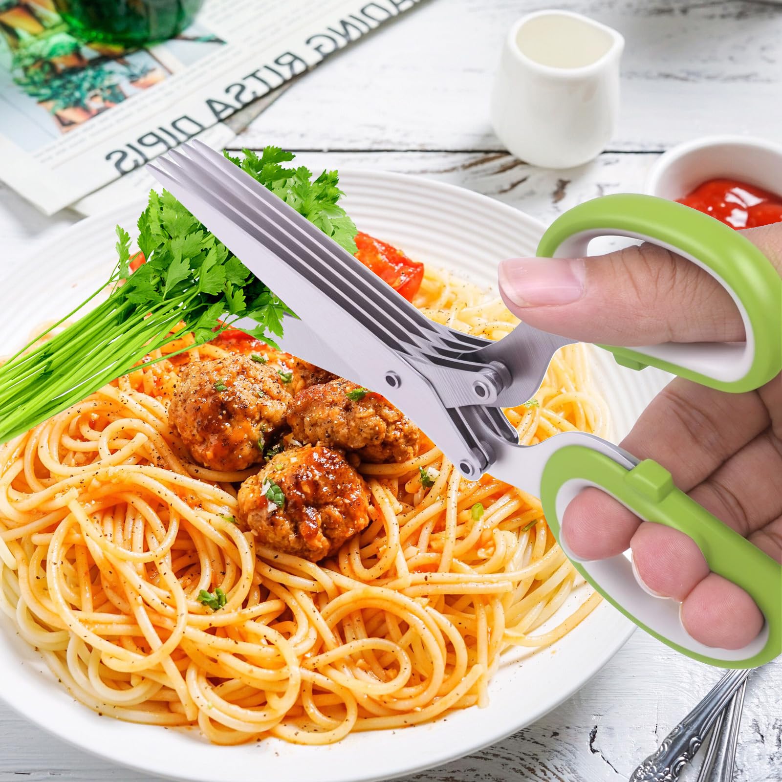 Herb Scissors, Multipurpose 5 Blade Kitchen Herb Shears Herb Cutter with Safety Cover and Cleaning Comb for Chopping Basil Chive Parsley (Green)