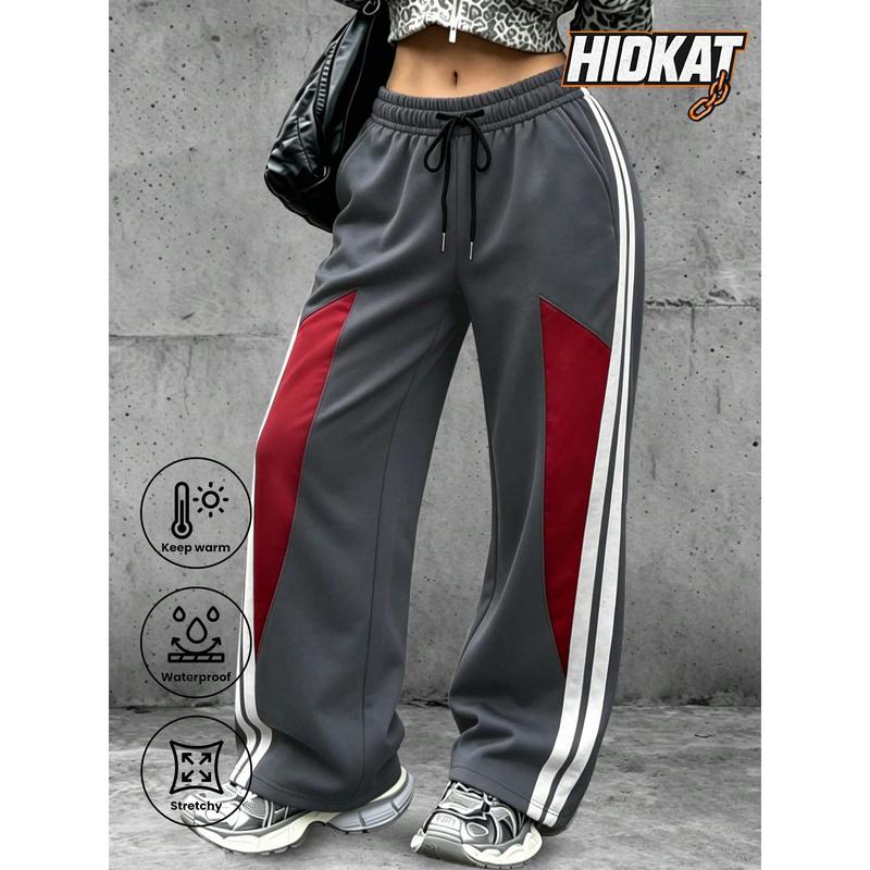 Female Breathable Polyester Wide-Leg Sports Pants - Women's Contrast Panel Striped, Elastic Drawstring Waist, Loose Fit Casual Daily Streetwear Trousers