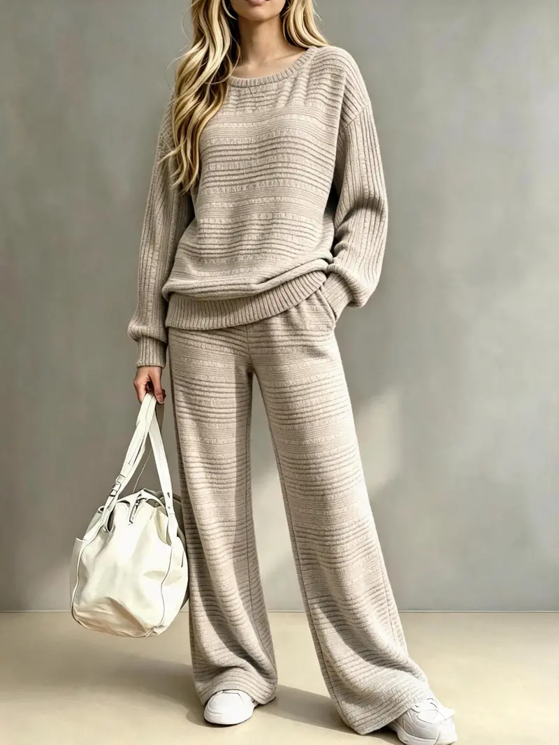 Women's knit two piece set with oversized sweater top and wide leg pants – image 2