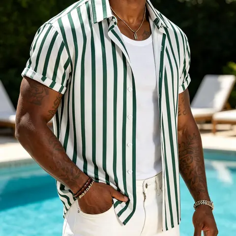 Men's Striped Print Short Sleeve Shirt, Casual Shortsleeve Button Front Top for Summer, Masculine Fashion Men's Clothes for Daily Wear, Tropical Menswear