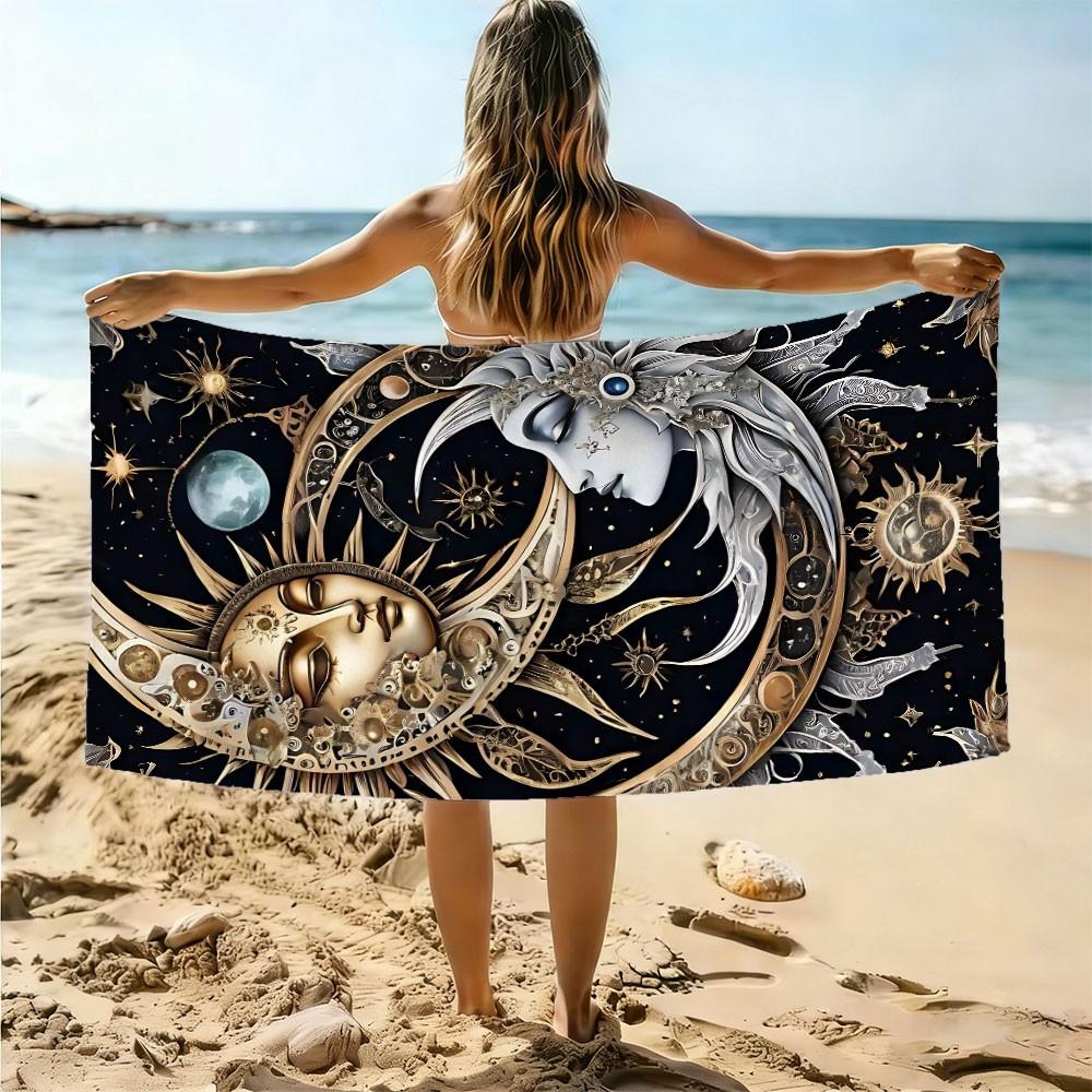 [Beach Towel] Sun and Moon Psychedelic Art Beach Towel - Premium Microfiber Digital Print Design, Ultra-Soft and Quick-Dry Aesthetic Bohemian Tapestry Style Bath Towel for Summer Vacation, Poolside, Travel – Durable Vivid Colors Fade-Resistant 1pc
