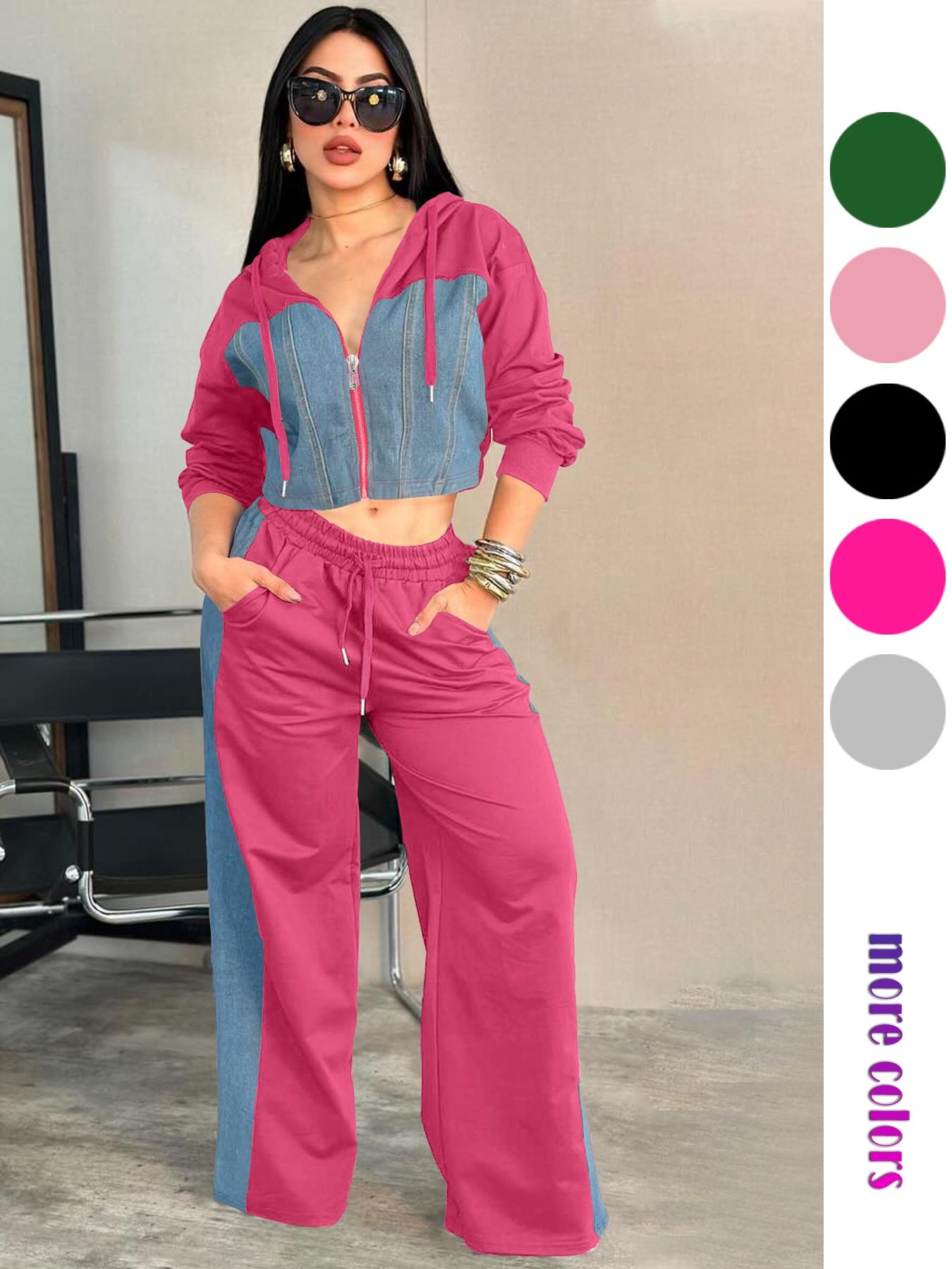 Personalized Patchwork Hoodie Set, Long Sleeve Short Top Set, Casual Party, Travel Pants Set, Fashionable Streetwear