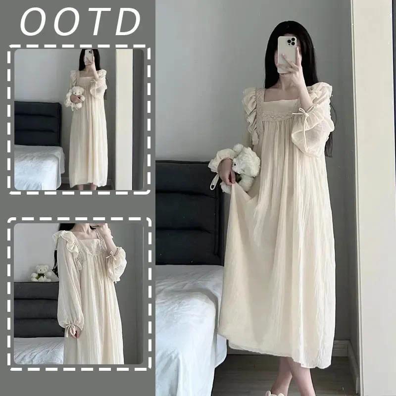 Ruffles Nightgown Sleepwear Women Korean Night Dress Solid Spring One Piece Pajamas Long Sleeve Square Collar Home Wear 2026 New